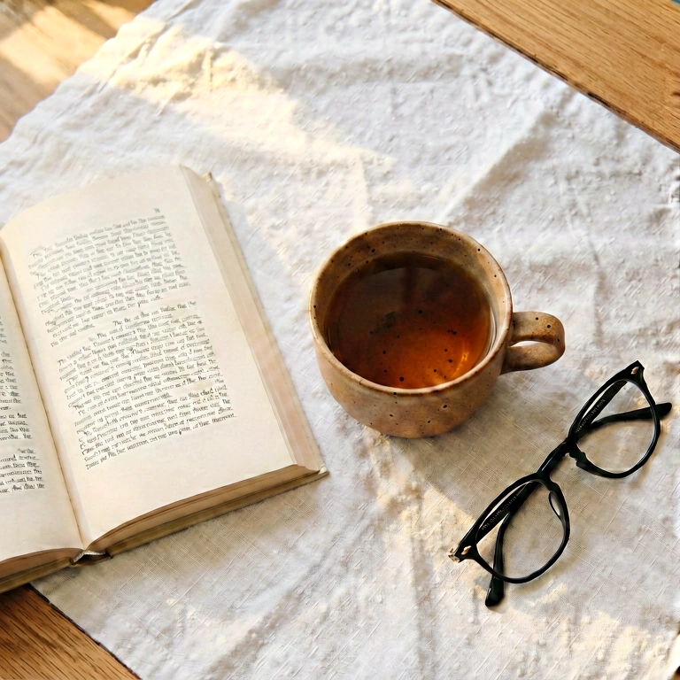 Warm tea & reading - food & drink flatlay free stock photo