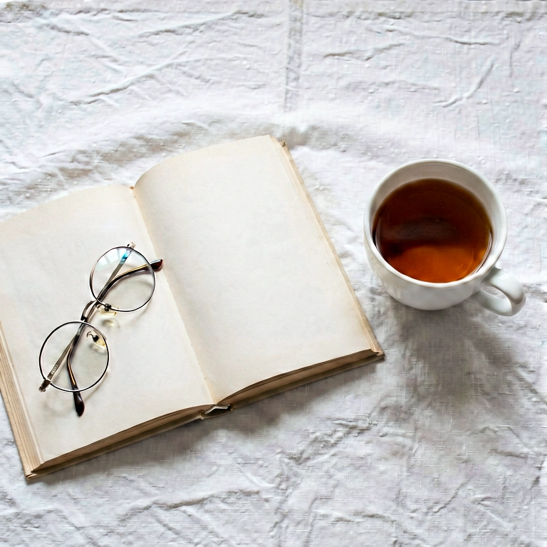 Neutral tea & reading - food & drink flatlay free stock photo