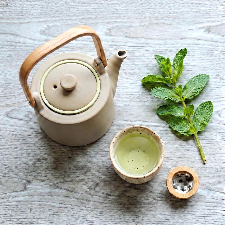 Neutral tea & reading - food & drink flatlay free stock photo
