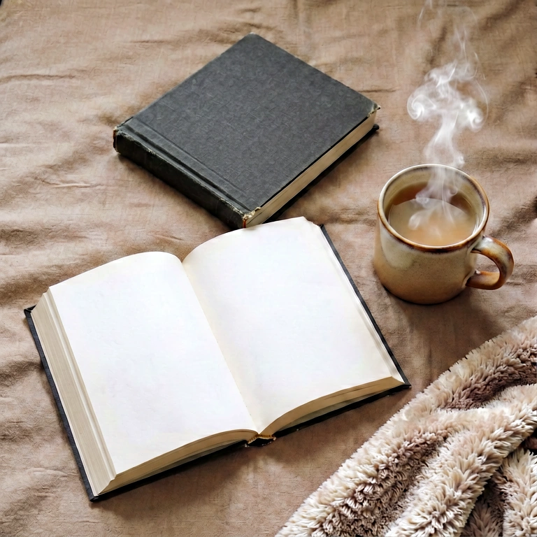 Warm tea & reading - food & drink flatlay free stock photo
