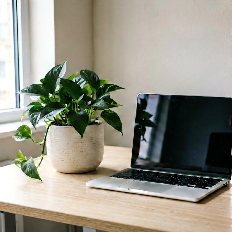 Neutral plant & work - minimalist workspace free stock photo