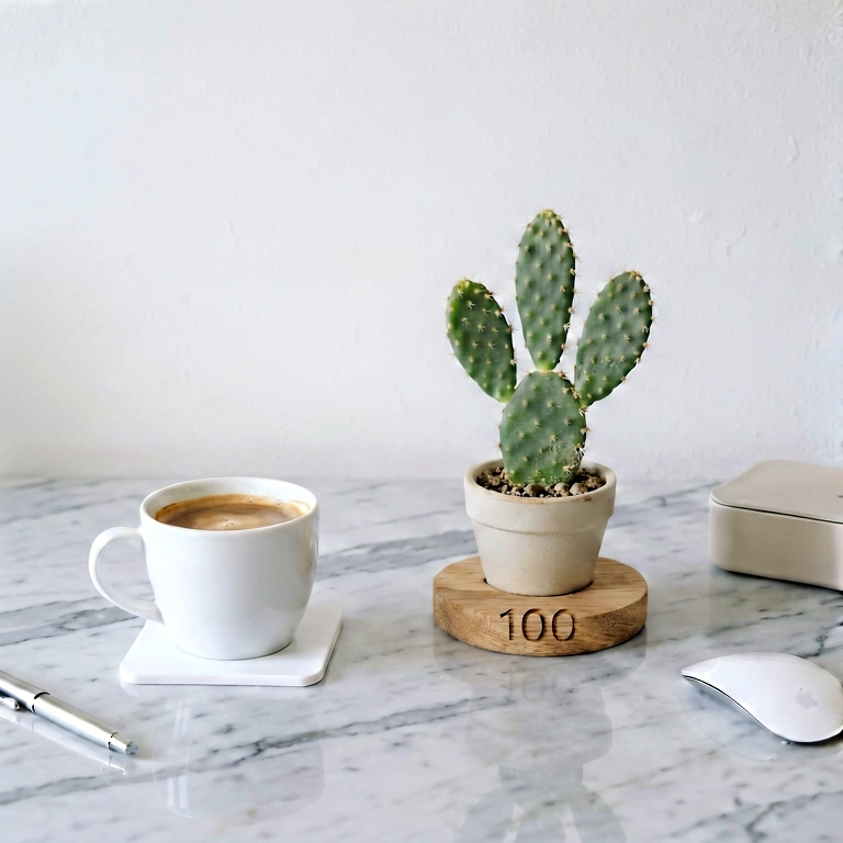 Neutral plant & work - minimalist workspace free stock photo